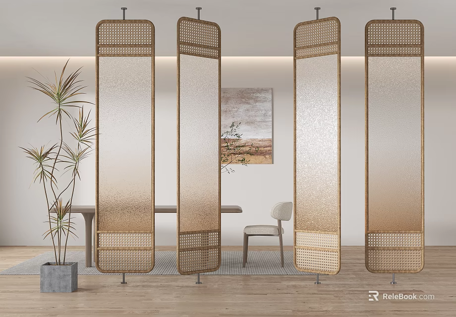 Stylish Modern Room Divider With Wicker Glass Panels And Metal Frame In Living Room Interior 3d model 