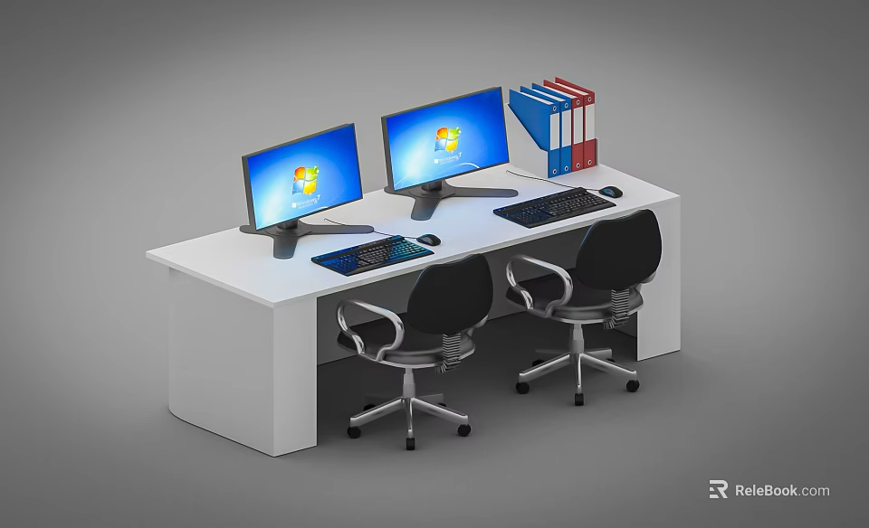 White Office Desk with Two Monitors Windows Desktop Keyboards Mice Colorful Folders and Black Chairs 3d model 