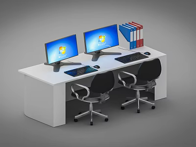 White Office Desk with Two Monitors Windows Desktop Keyboards Mice Colorful Folders and Black Chairs 3d model