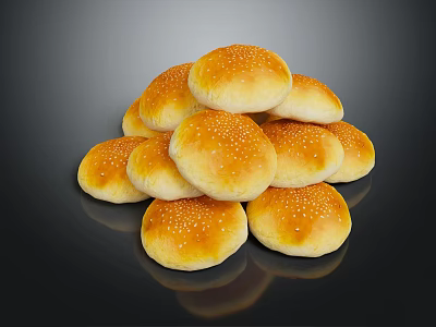 Fresh Golden Hamburger Buns Stacked With Sesame Seeds On Black Background 3d model