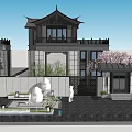 Chinese Style Detached Villa With Traditional Roof Cherry Blossom Trees Courtyard Water Feature Stone Pathway