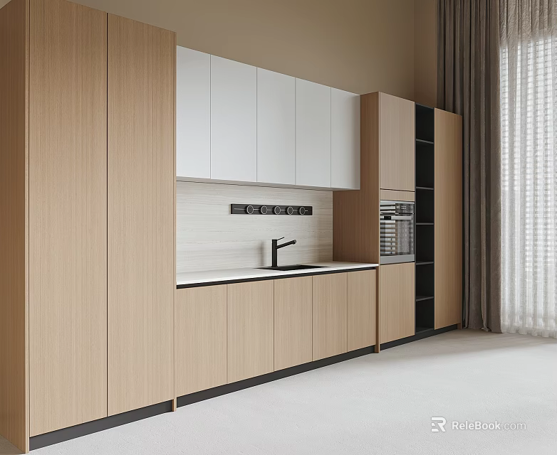 Modern Kitchen Interior With Light Wood And White Cabinets White Countertop And Oven 3d model 