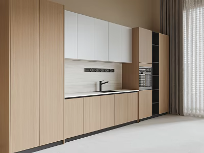 Modern Kitchen Interior With Light Wood And White Cabinets White Countertop And Oven 3d model