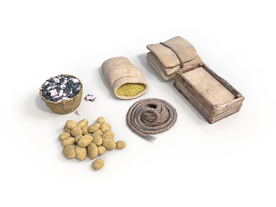 Organic Food Ingredients Beans Grains And Nuts In Woven Bowls Burlap Bags 3d model