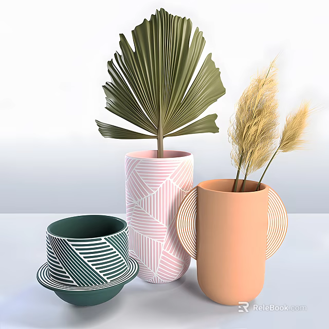 Stylish Ceramic Vessels With Geometric Patterns Stripes And Leaf Decor In Green Pink Orange 3d model 