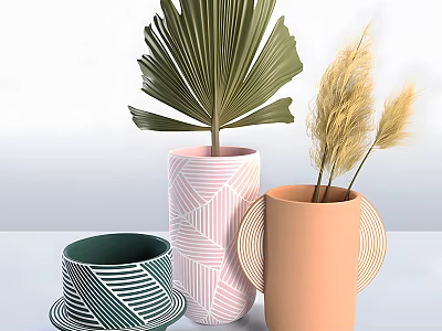 Stylish Ceramic Vessels With Geometric Patterns Stripes And Leaf Decor In Green Pink Orange 3d model