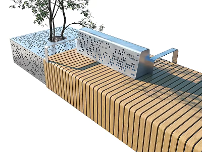 Outdoor Wooden Slat Bench With Metal Frame And Perforated Panel Near Tree 3d model