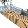 Outdoor Wooden Slat Bench With Metal Frame And Perforated Panel Near Tree