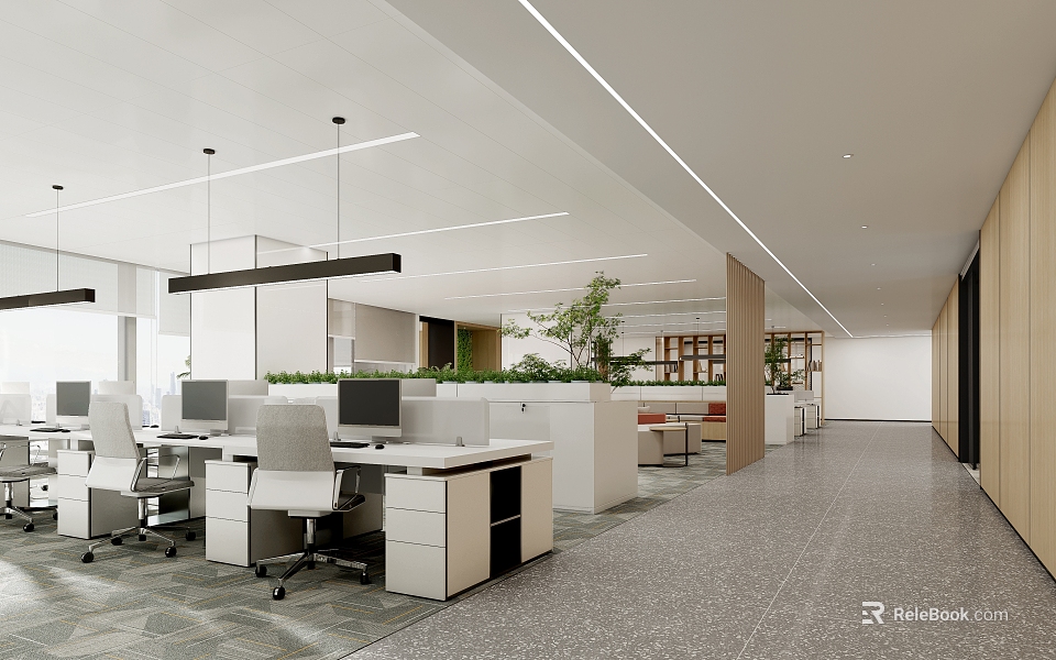 Modern Public Office Space Interior Design With Ergonomic Desks Computers And Green Plant Partitions 3d model 
