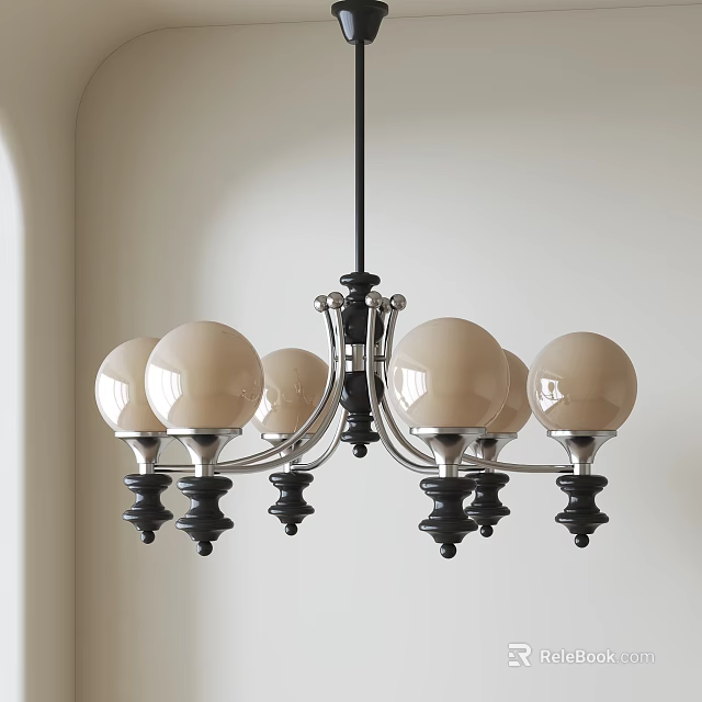 Modern Chandelier With Six Globe Bulbs And Black Silver Frame For Home Lighting Decor 3d model 