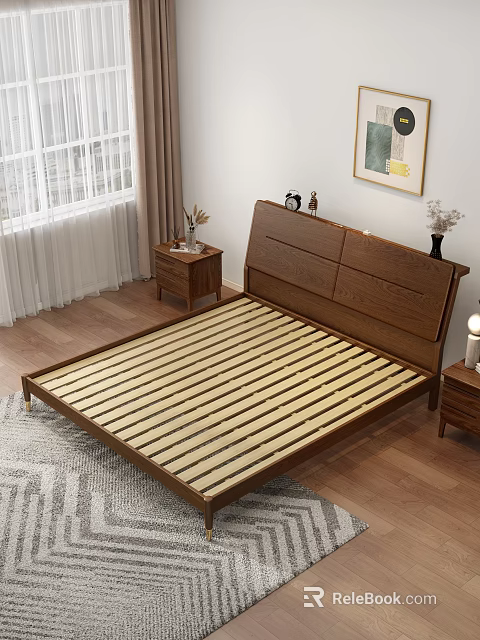 Wooden Bedroom Bed Frame With Striped Slats Nightstands And Window Curtains 3d model 