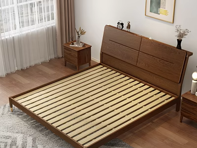 Wooden Bedroom Bed Frame With Striped Slats Nightstands And Window Curtains 3d model