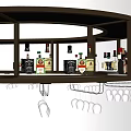 Elegant Circular Bar Display With Black Countertop Metal Frame Liquor Bottles And Hanging Wine Glasses