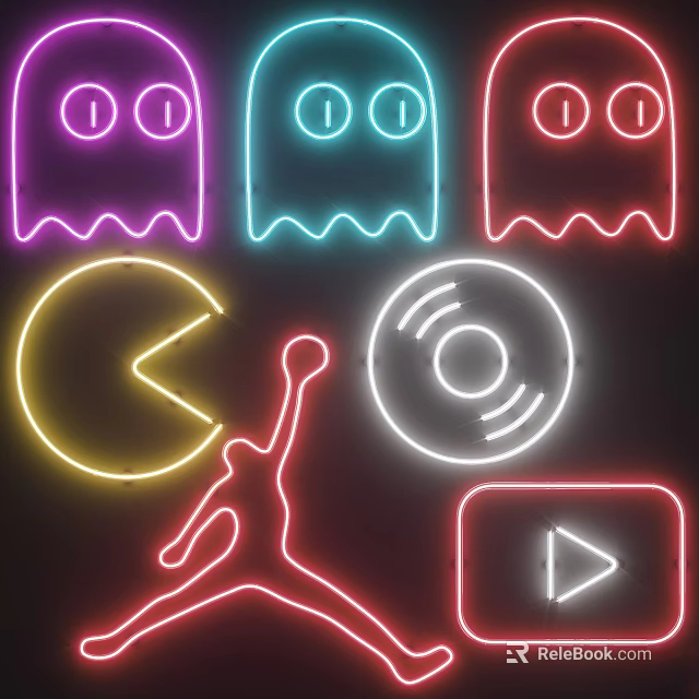 Colorful Neon Outdoor Lights With Ghost PacMan Vinyl Record Dancing Figure And Play Button Shapes 3d model 