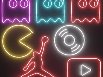 Colorful Neon Outdoor Lights With Ghost PacMan Vinyl Record Dancing Figure And Play Button Shapes 3d model
