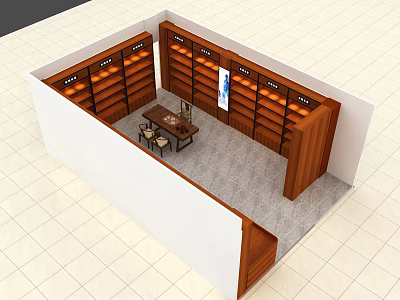 Wooden Display Cabinets and Shelves in Retail Space Interior Layout with Table and Chairs 3d model