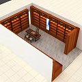Wooden Display Cabinets and Shelves in Retail Space Interior Layout with Table and Chairs