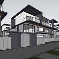 Modern Townhouse Exterior Design with Balconies Large Glass Windows Landscaped Hedges and Paved Driveway