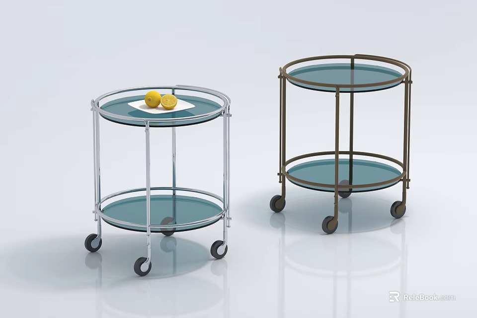 Modern Double Tier Round Coffee Tables With Glass Tops Metal Frames And Wheels 3d model 