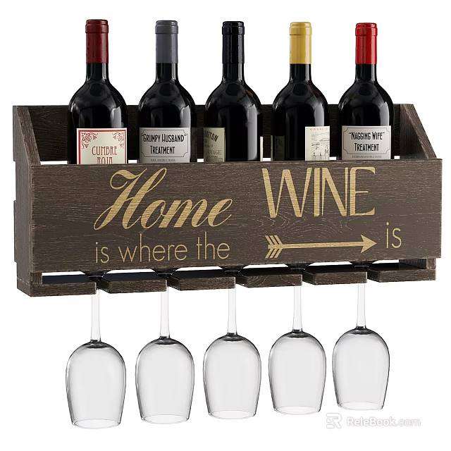 Rustic Wooden Wine Rack Decorative Ornament Set with Bottles Glasses and Engraved Home Wine Quote 3d model 