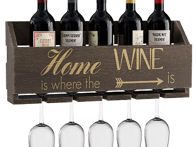 Rustic Wooden Wine Rack Decorative Ornament Set with Bottles Glasses and Engraved Home Wine Quote 3d model
