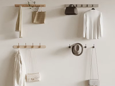 Stylish Wall Mounted Wooden Hooks With Coats Bags Hats And Scarves 3d model