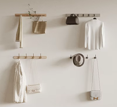 Stylish Wall Mounted Wooden Hooks With Coats Bags Hats And Scarves 3d model