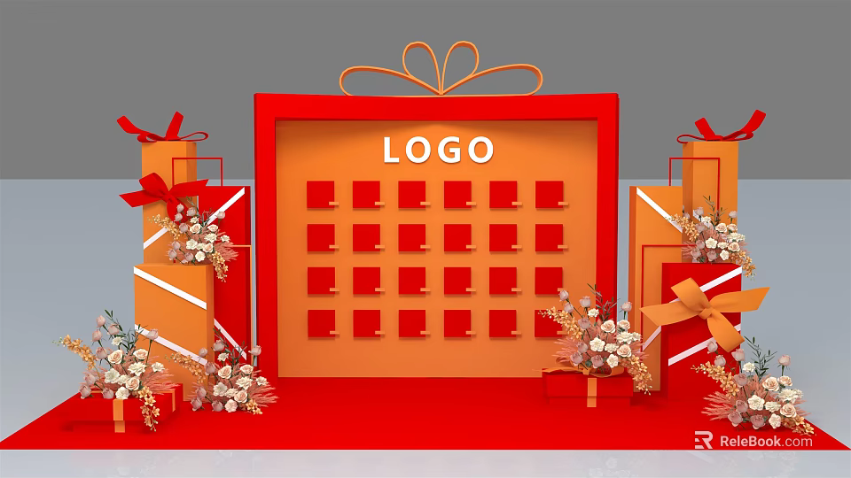 Red Frame With Logo Surrounded By Gift Boxes And Decorative Flowers On Red Carpet 3d model