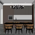 Modern Dark Restaurant Interior With Dining Table Chairs And Pendant Lights 3d model