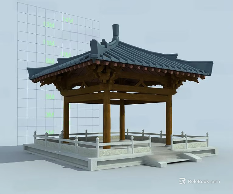 Traditional Ancient Architecture Pavilion With Wooden Structure White Railings And Stone Platform 3d model 