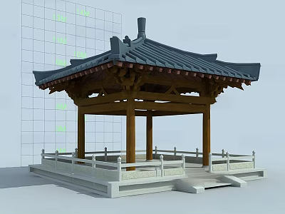Traditional Ancient Architecture Pavilion With Wooden Structure White Railings And Stone Platform 3d model