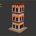 Three Story Building Model With Red Roof Yellow Walls And Windows On Square Base
