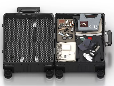 Open Spacious Suitcase Interior with Organized Clothes Accessories and Travel Items 3d model