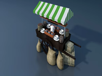 Vintage Tea Cart Setup With Green White Striped Awning Tea Cups And Sacks 3d model