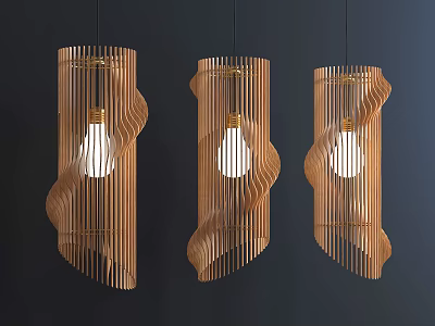 Three Modern Wooden Pendant Lights With Wave Pattern And Bulb Design 3d model