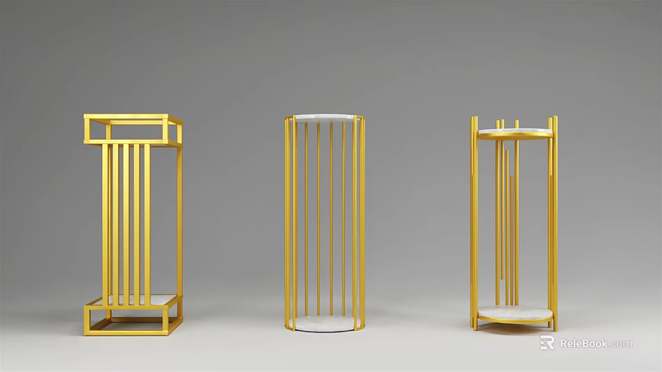 Three Gold Minimalist Storage Racks With Different Structures On Gray Background 3d model