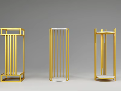 Three Gold Minimalist Storage Racks With Different Structures On Gray Background 3d model