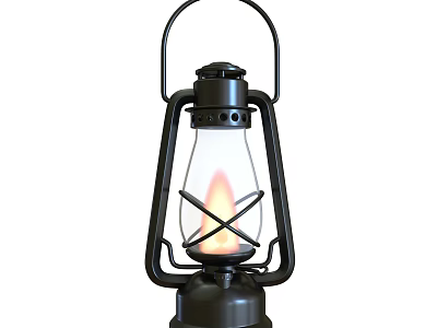 Outdoor Black Metal Frame Lantern With Glass Shade Burning Flame And Handle 3d model
