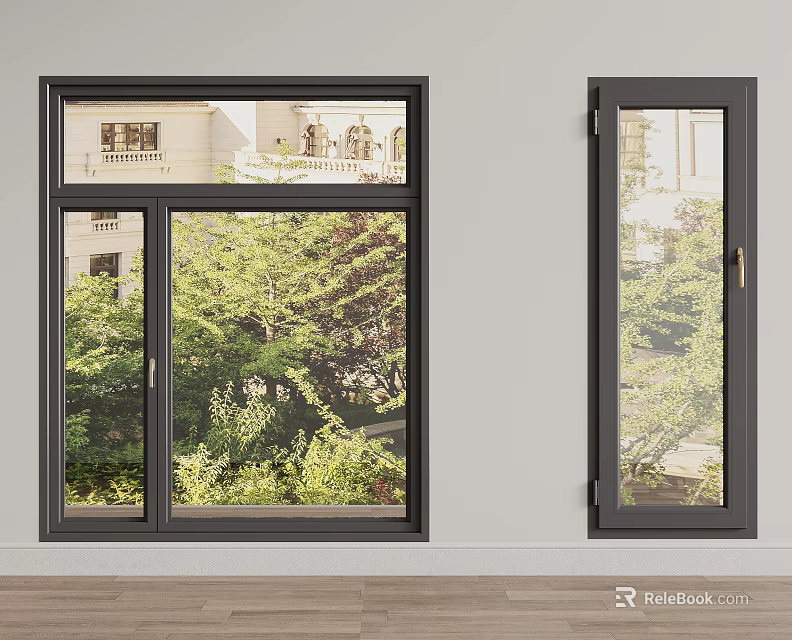 Modern Black Frame Windows Design With Greenery And Building Exterior View 3d model