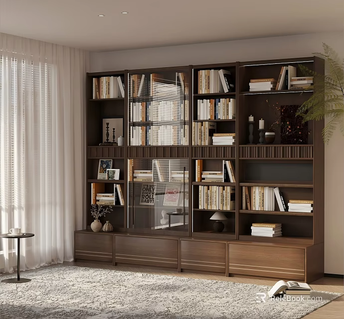 Modern Wooden Bookcase With Multiple Shelves Books Decorative Items In Cozy Living Room Interior 3d model 