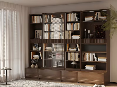 Modern Wooden Bookcase With Multiple Shelves Books Decorative Items In Cozy Living Room Interior 3d model