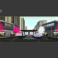 Modern Residential Entrance With Central Fountain Luxury Car And Tall Buildings At Evening