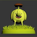 Cartoon Style Yellow Elephant Figurine With Red Object On Trunk And Green Grass Base