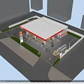 Gas Station Aerial View With Red Yellow Canopy Fuel Pumps And Fuel Truck