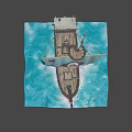 Pirate Ship With Blue Sail Skull and Crossbones Flag Wooden Hull on Waves