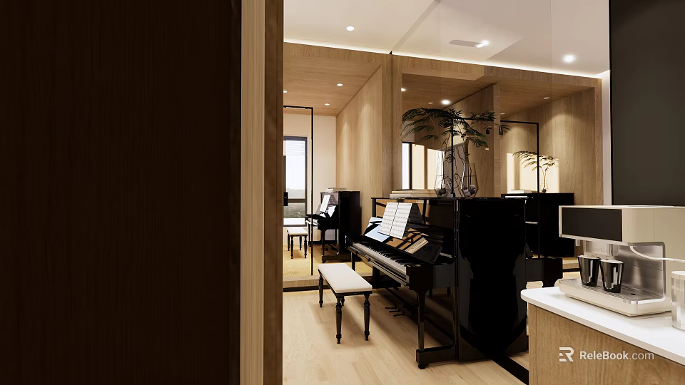 Open Public Office Space With Wooden Decor And Piano For Creative Work 3d model 