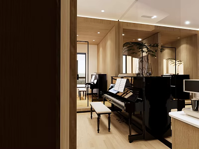 Open Public Office Space With Wooden Decor And Piano For Creative Work 3d model