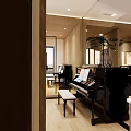 Open Public Office Space With Wooden Decor And Piano For Creative Work