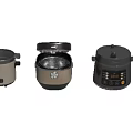 Different Style Kitchen Appliances Three Rice Cookers On Wooden Floor With Control Panels