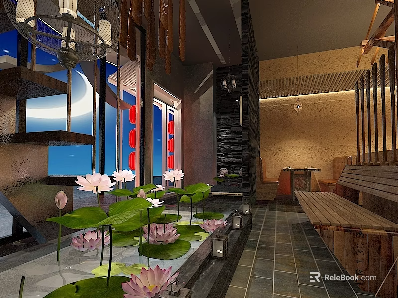 Natural Restaurant Interior With Lotus Flowers Lily Pads Water Feature And Wooden Benches 3d model 